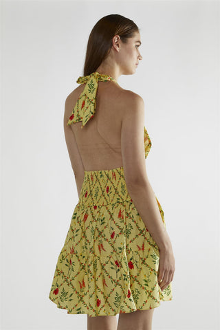 Yellow Floral-Lattice Halter-Neck Mini-Dress