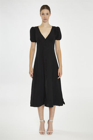 V-Neck Puff Sleeve Midi Dress - Black