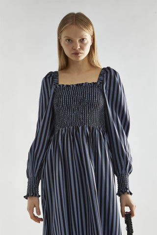 Blue-Black Stripe Shirred Midi-Dress