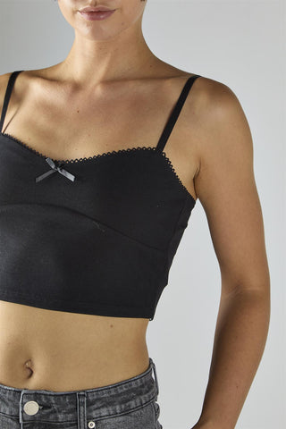 Black Sleeveless-Ribbed-Bow-Detail Crop-Top