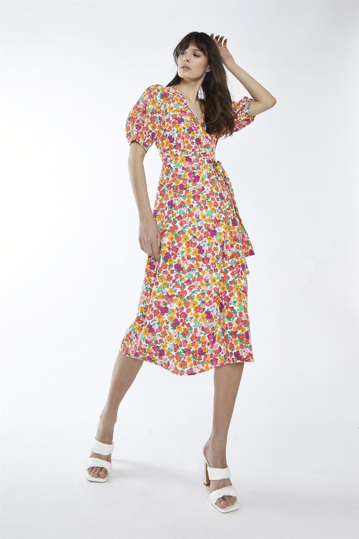Bright-Floral Wrap Midi-Dress