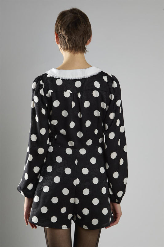 Black Large Spot Lace Trim Long Sleeve Playsuit