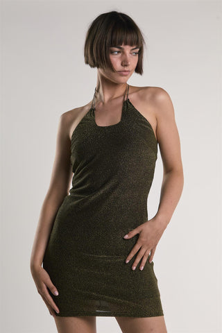 Black-Silver-Glitter Chain-Halter-Neck Mini Dress