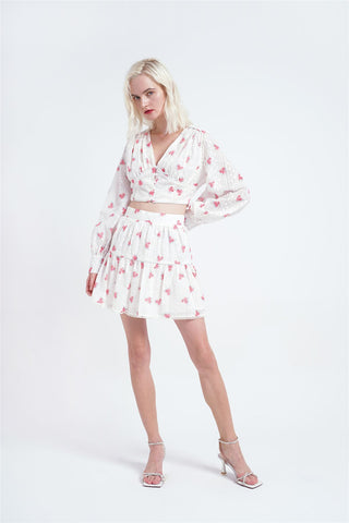 Rose-Broderie Long-Sleeve-Button-Up Crop-Top