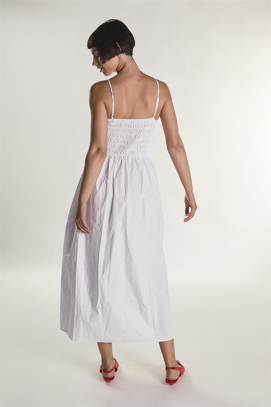 White Shirring Body Boat Neck Maxi Dress