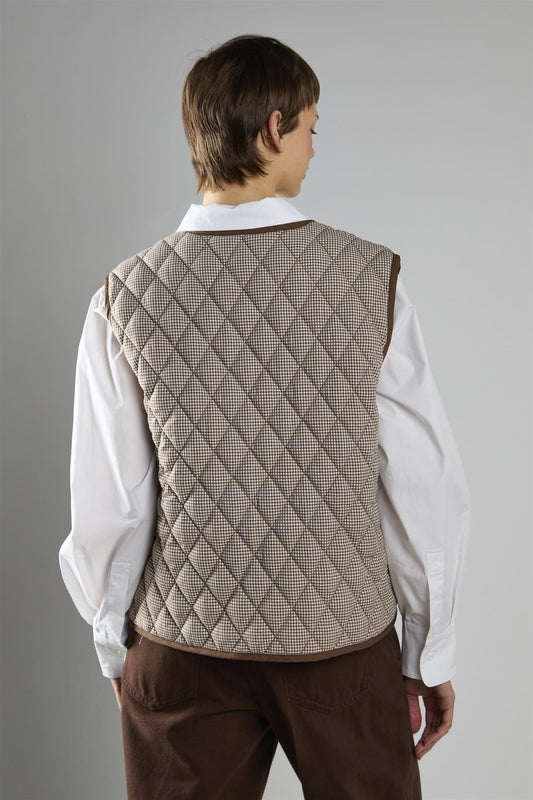 Brown Cream Gingham Quilted Front Tie Gilet