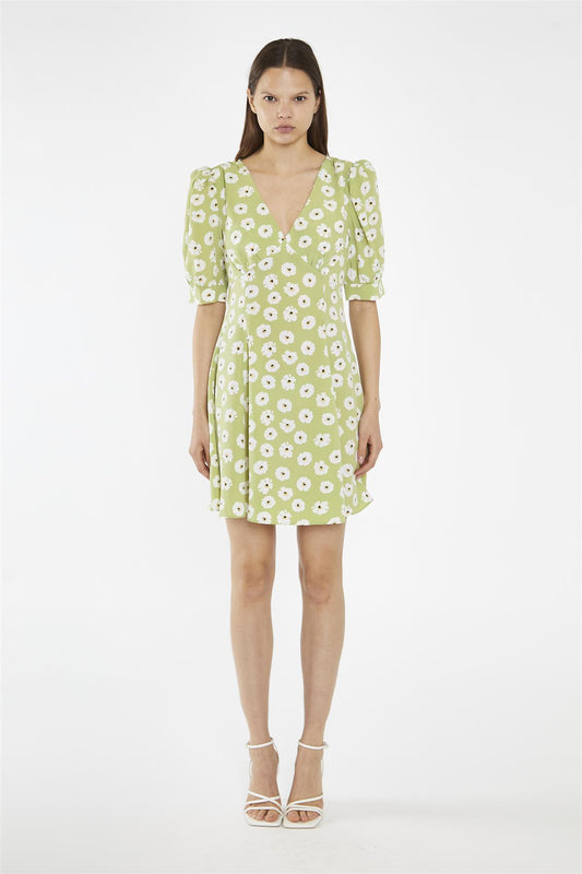 Shift Short Dress - Olive Green Flower