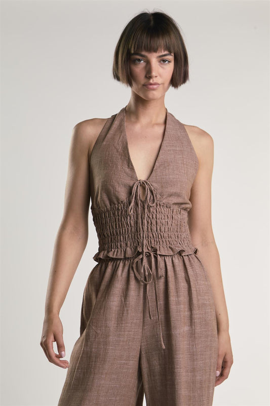 Mid Brown Fleck Smocked Halter Top