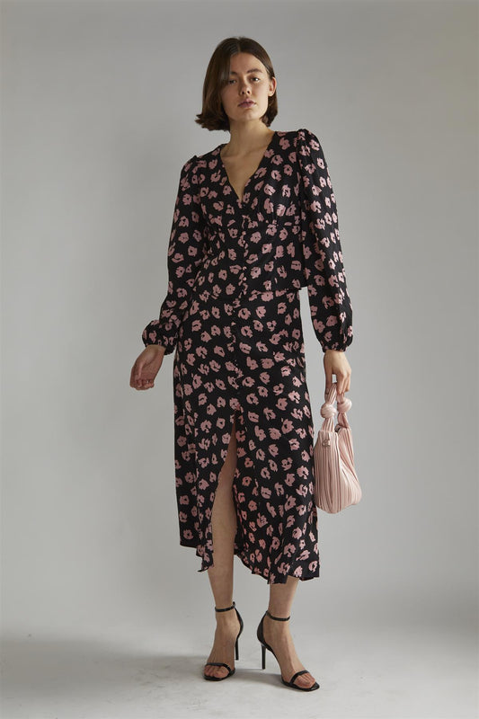 Black-Pink Splodge Button-Front Midi-Skirt