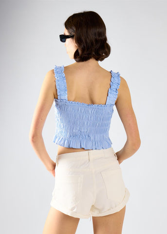 Ruched Frill Crop Top - Light Blue