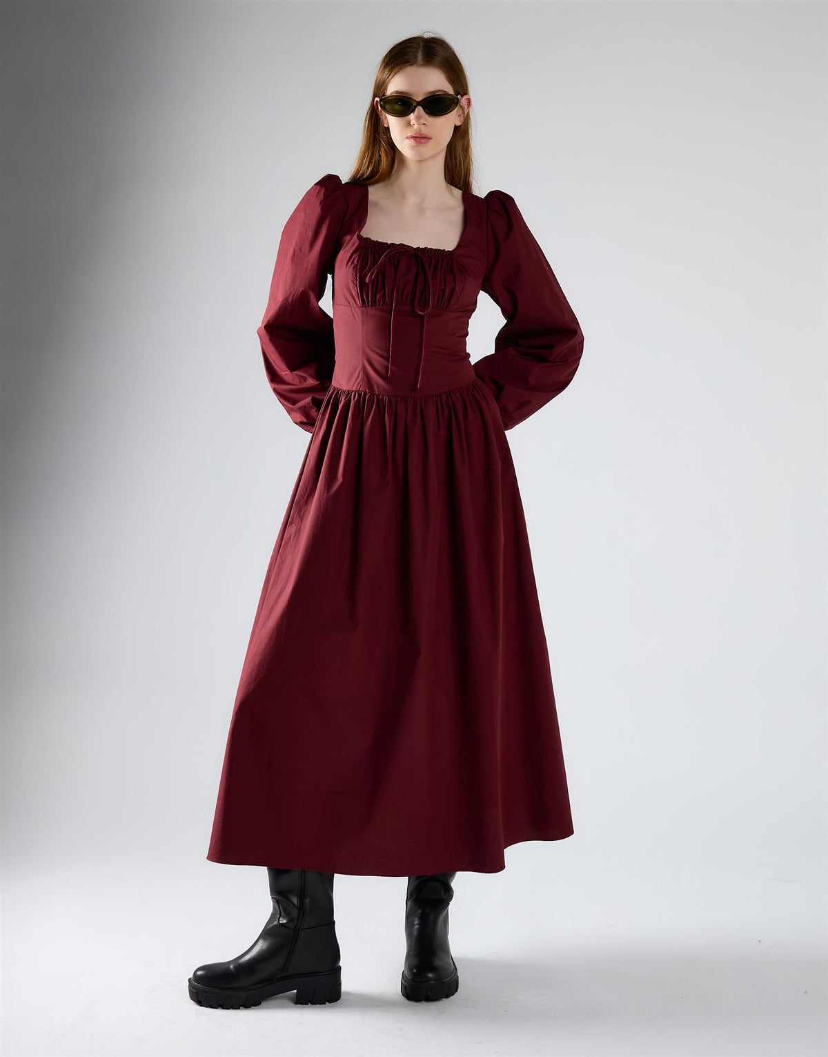 Burgundy Ruched Bust Long Sleeve Midi Dress