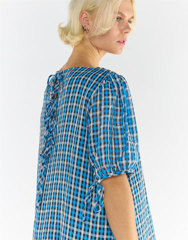 Puff Sleeves Tiered Midi Dress - Blue Multi Check