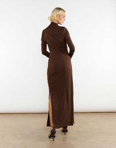 High Neck Split Front Maxi Dress in Dark Brown
