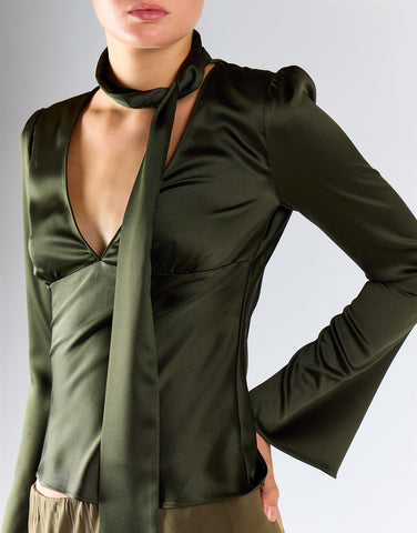 Deep Khaki V-Neckline Tie Blouse