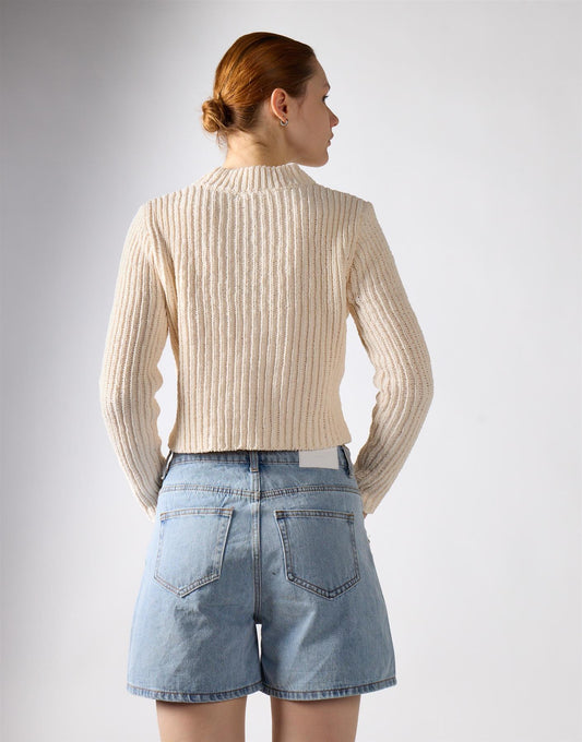 High Waist Rigid Denim Shorts - Mid Blue