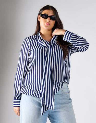 Glamorous Curve Navy Cream Stripe Bow-Collar Blouse