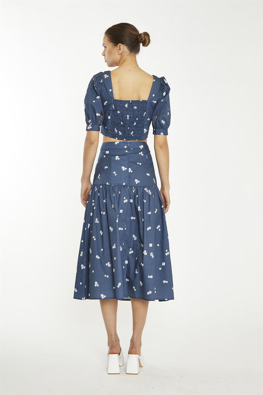 Navy Scattered Flower Sweetheart Neckline Crop-Top