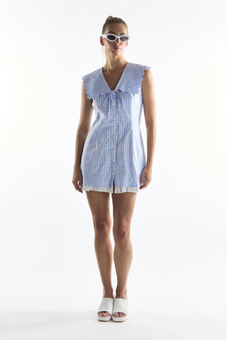 Blue Grid Check Button Front Mini Dress