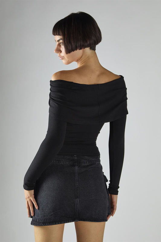 Black Ribbed-Off-Shoulder-Double-Layer Long Sleeve-Top