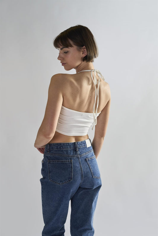 Off-White Tie Neck Halter Crop-Top