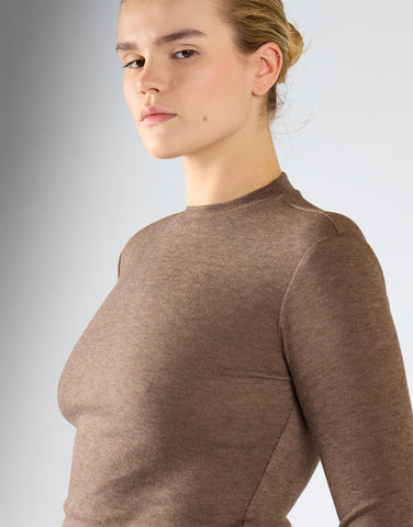 Brown Rib Fitted Long-Sleeves Crewneck Top