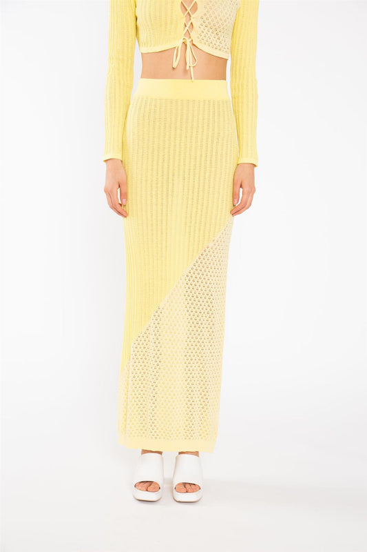 Lemon-Yellow Mix Knit Straight Maxi-Skirt