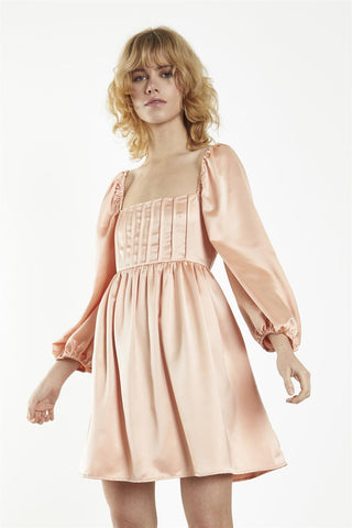 Square Neck Short Skater Dress - Peach Satin