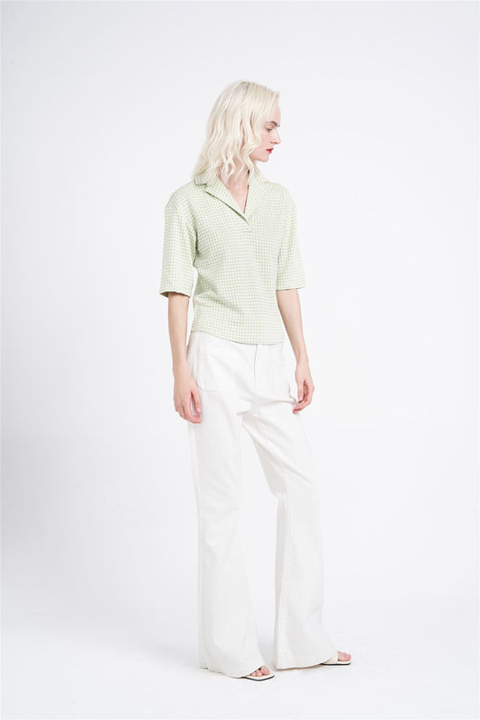 Pistachio-Multi-Check Collared-V-Neck Short-Sleeve-Top
