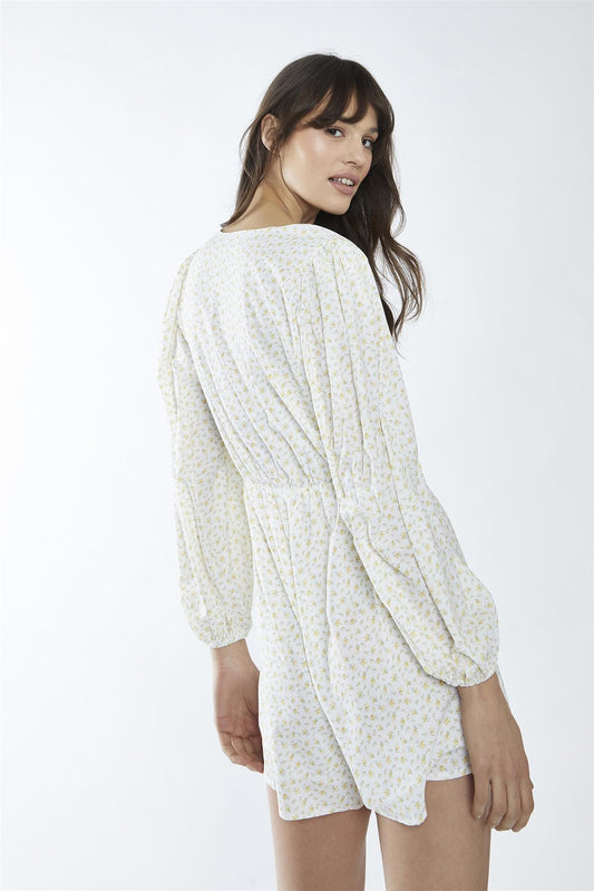 White-Yellow Mini Ditsy Cinched-Waist Long Sleeve-Playsuit