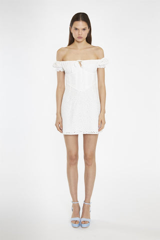 White-Broderie Bardot Corset Mini-Dress