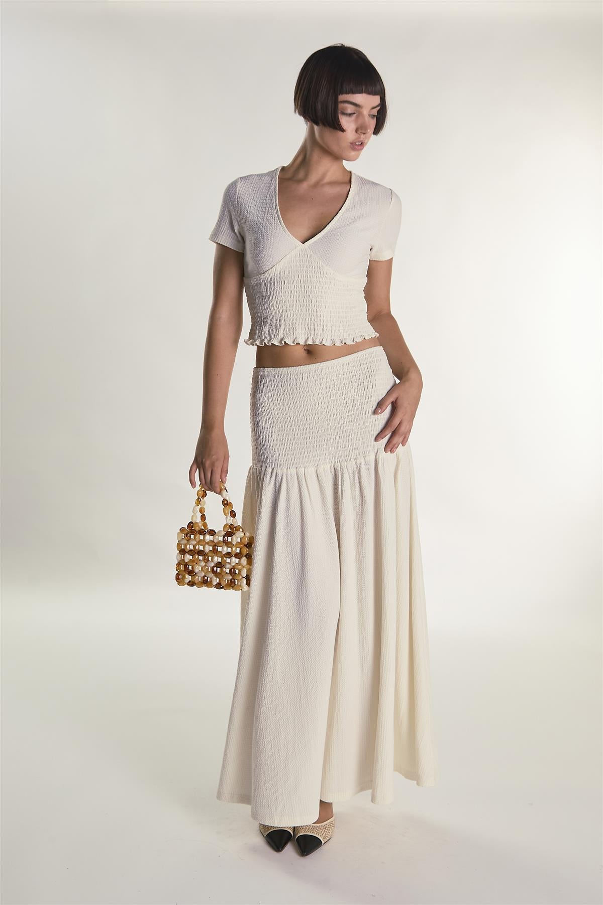 Cream Crinkle Drop Waist Maxi Skirt