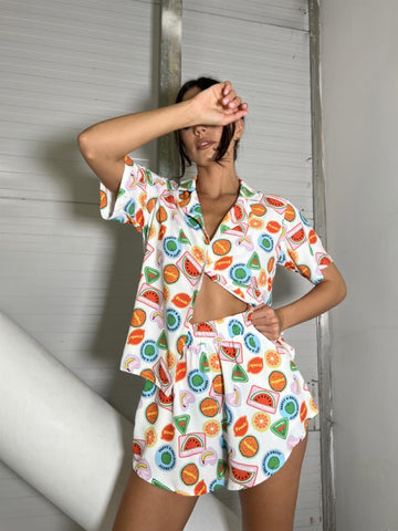 Multi Fruit Stickers Button Front Short-Sleeve-Shirt