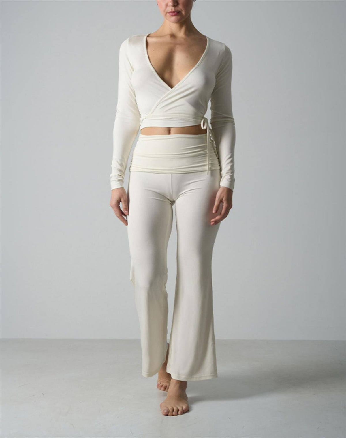 Agon Cream Long-Sleeve Wrap Top & Micro-Flare Trousers Set