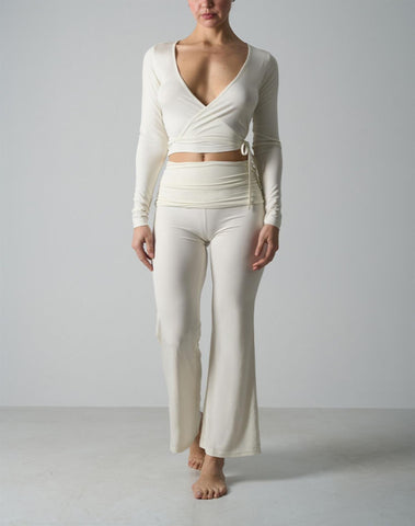 Agon Cream Long-Sleeve Wrap Top & Micro-Flare Trousers Set