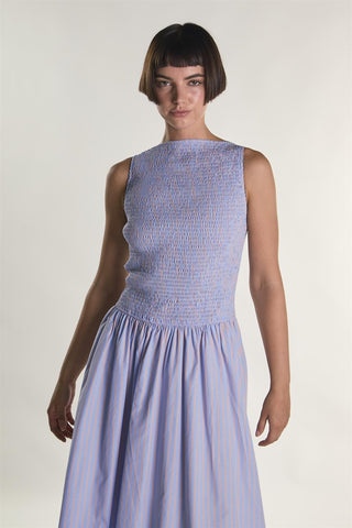 Blue Orange Stripe Slash Neck Shirring Midaxi Dress