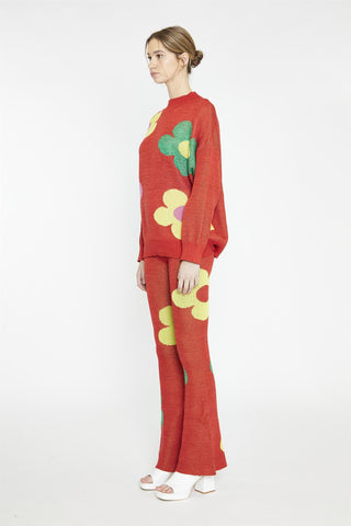 Red-Multi-Glitter Floral-Knit Flared-Leggings