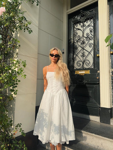 White Broderie Pleated Maxi-Dress