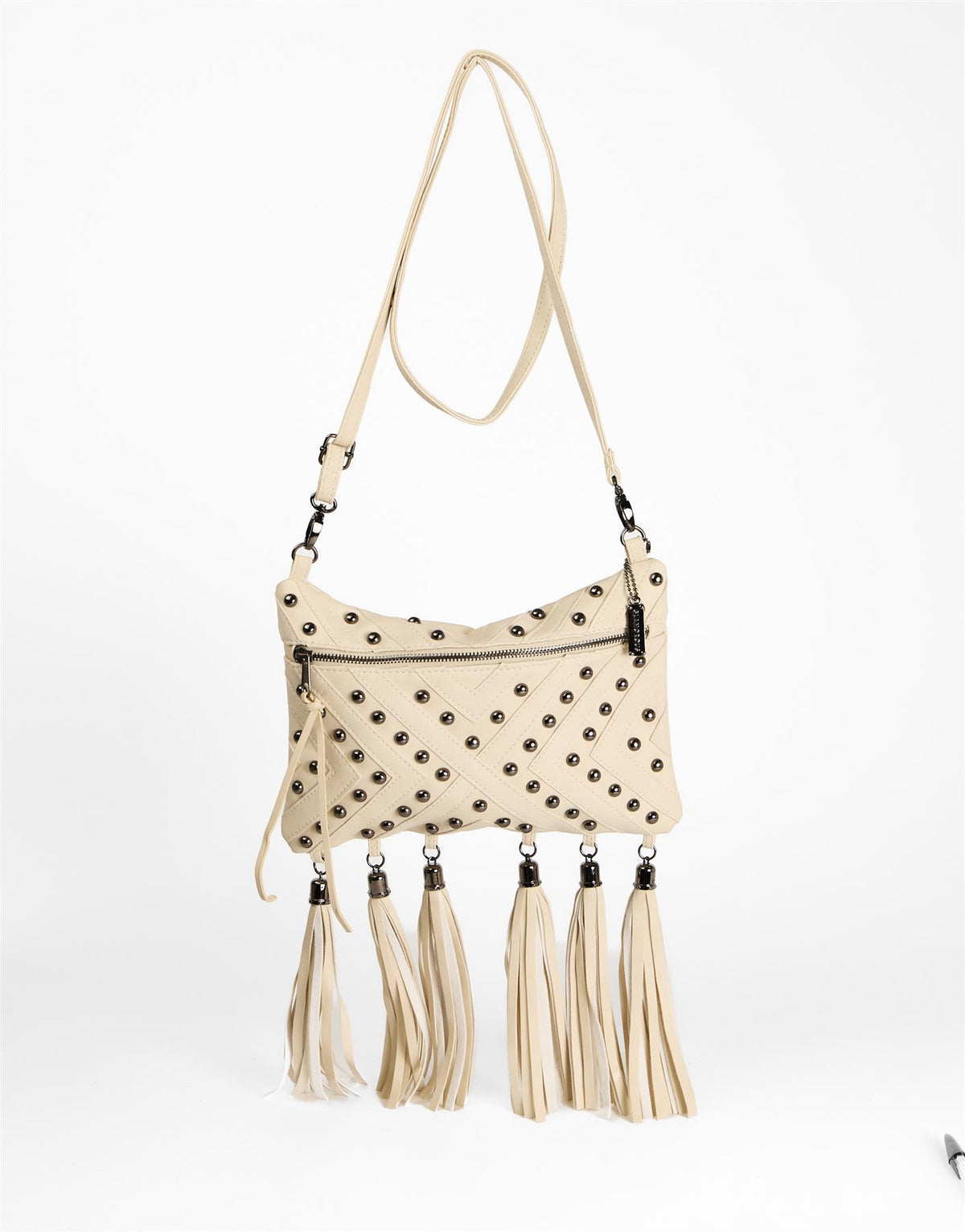 Cream Studded Tassel Crossbody Bag