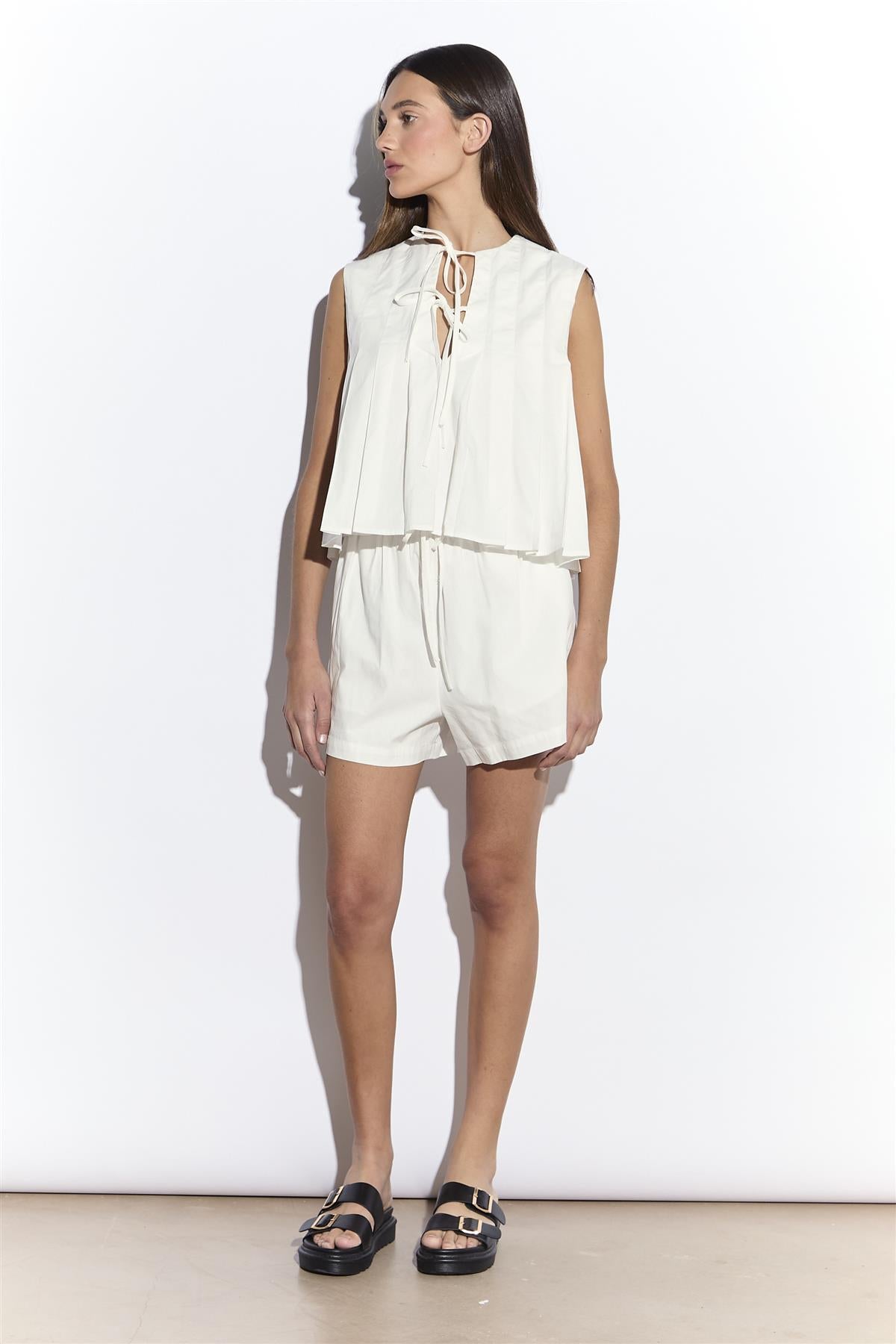 White Pleated Tie Front Blouse