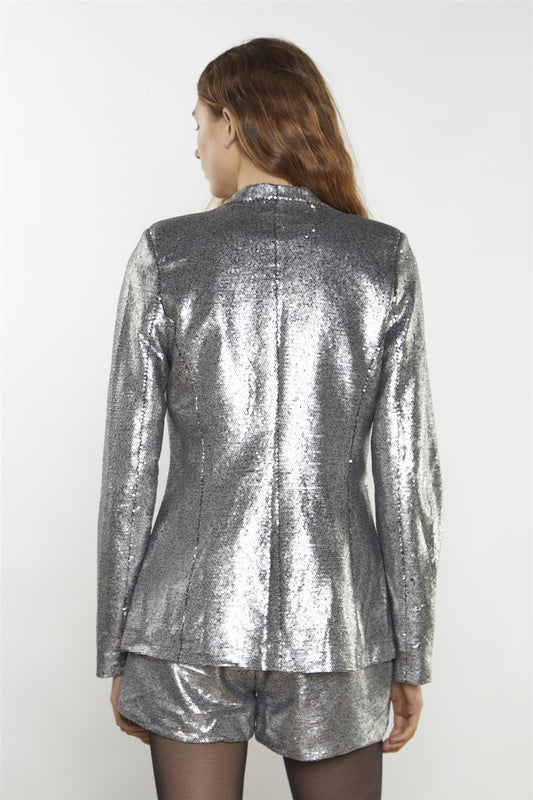 Matt-Silver-Sequin Collarless Blazer