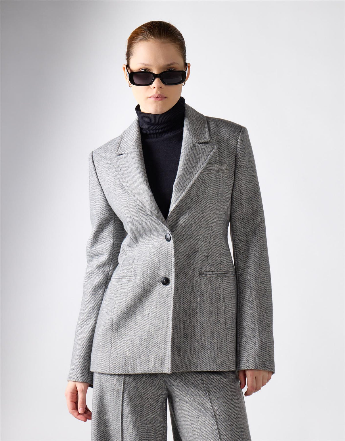 Grey Herringbone Double Button Blazer