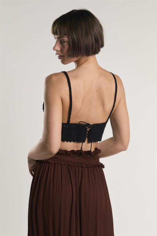 Black Sleeveless-V-Neck-Crochet Crop-Top