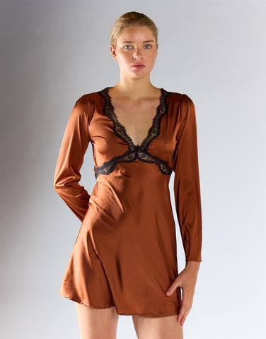Copper Satin Long-Sleeves Lace Trim Mini Dress
