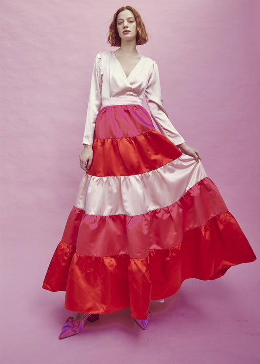 Nancy Gathered Tiered Midi Skirt -Pink-Red