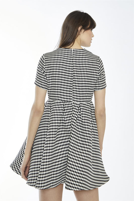 Black-White Diamond Crew-Neck Skater Mini-Dress