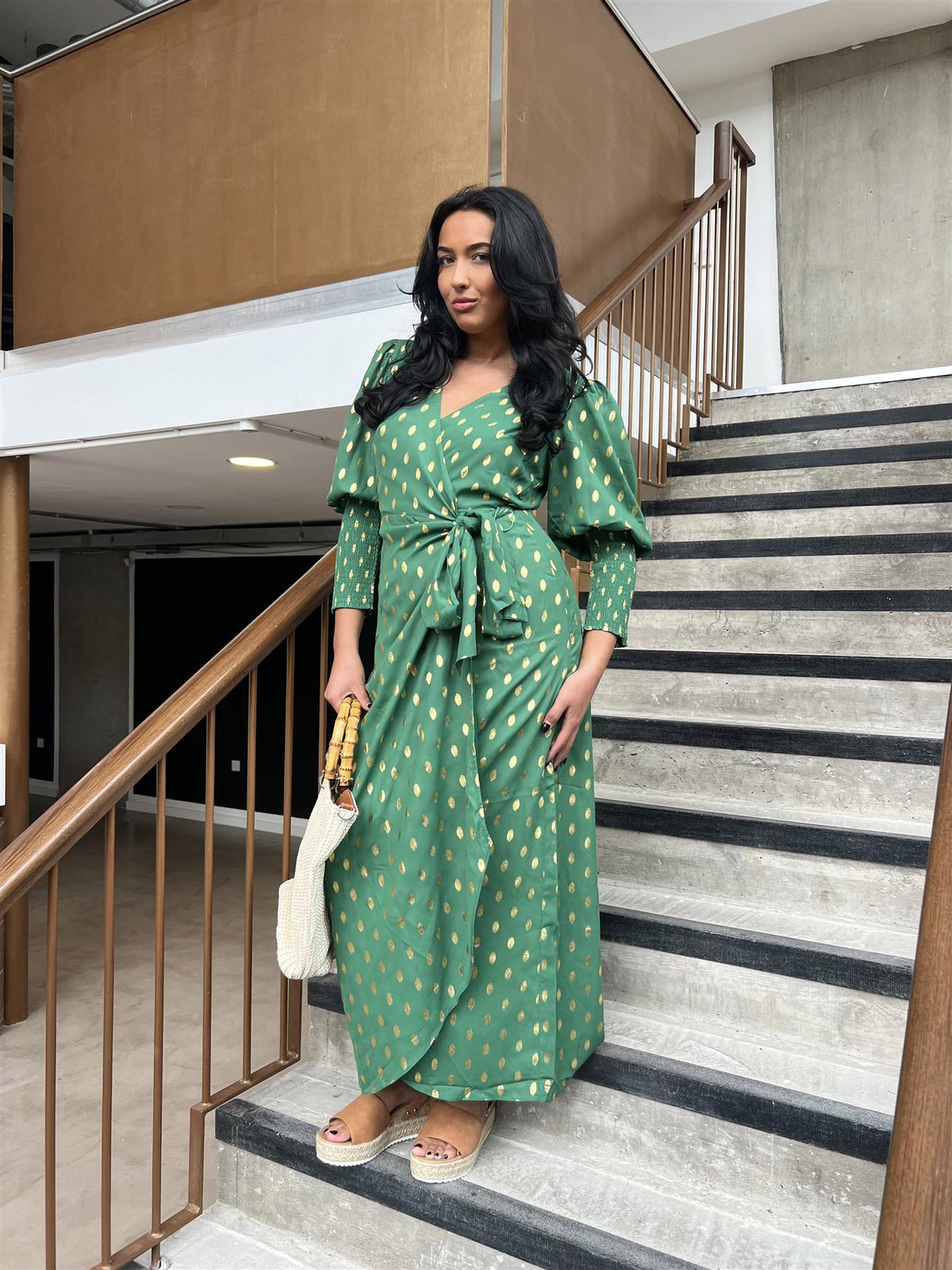 Green Mini Dot Long Sleeve Wrap Dress