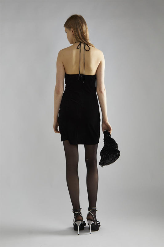 Black-Velvet Halter-Neck Rhinestone-Corsage Mini-Dress