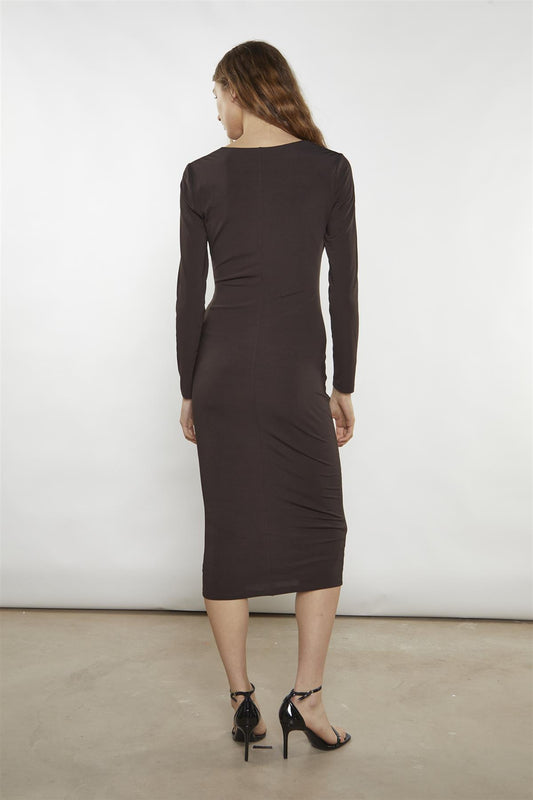 Bitter-Chocolate Plunging-Cowl Midi-Dress