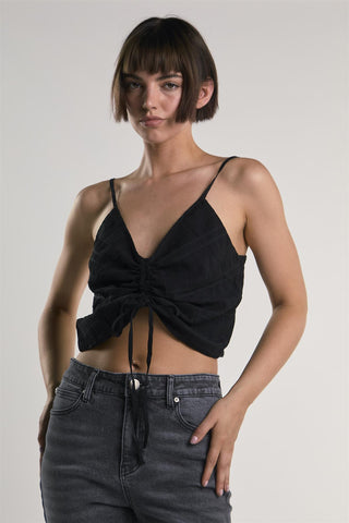 Black Gathered Sleeveless Crop-Top