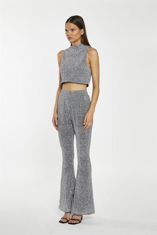Silver-Sequin Plisse High-Neck Crop-Top
